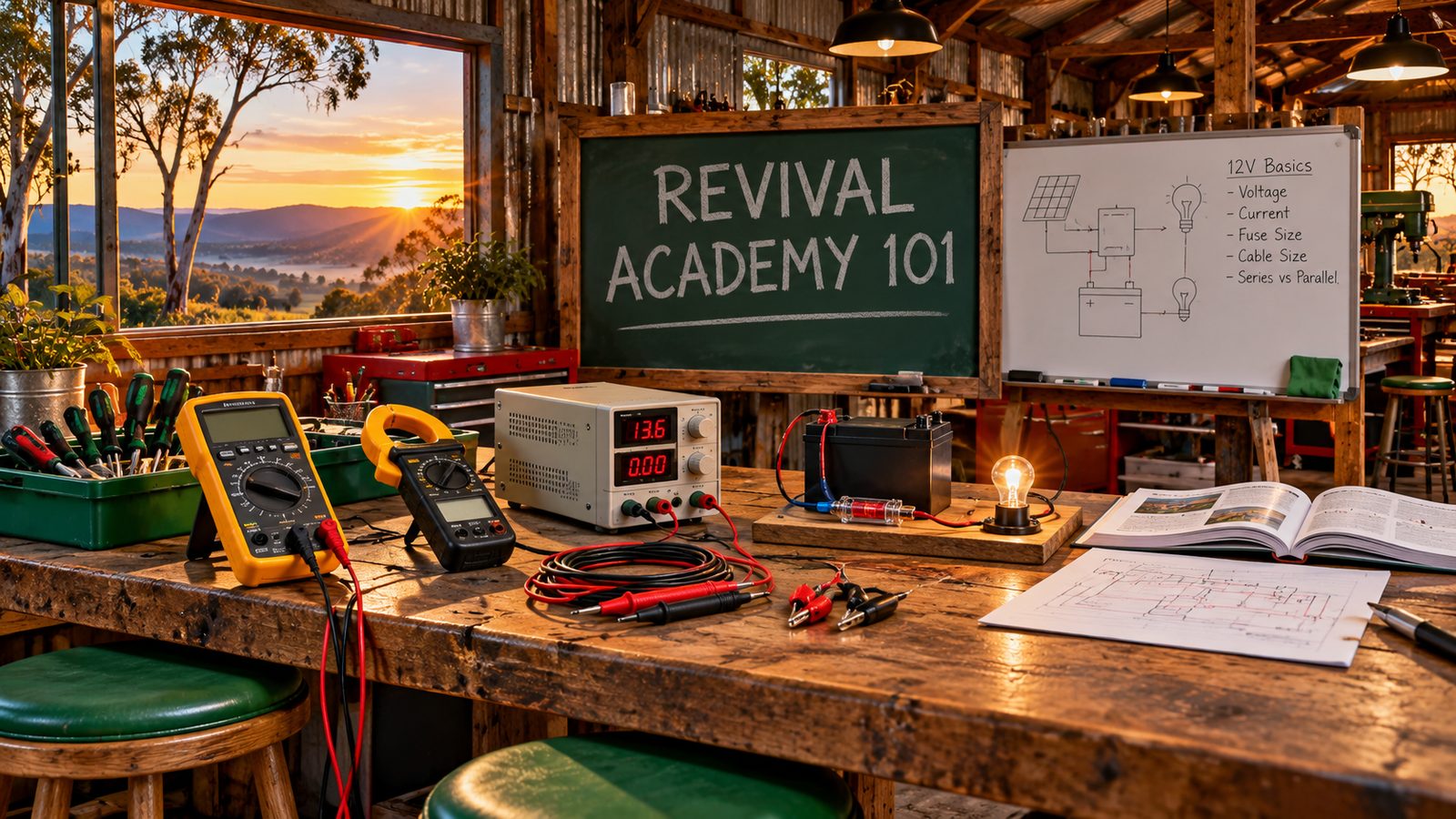 Ruby's green corner of the Bush family shed: the testing bench with multimeters, a bench power supply and a 12V practice build.